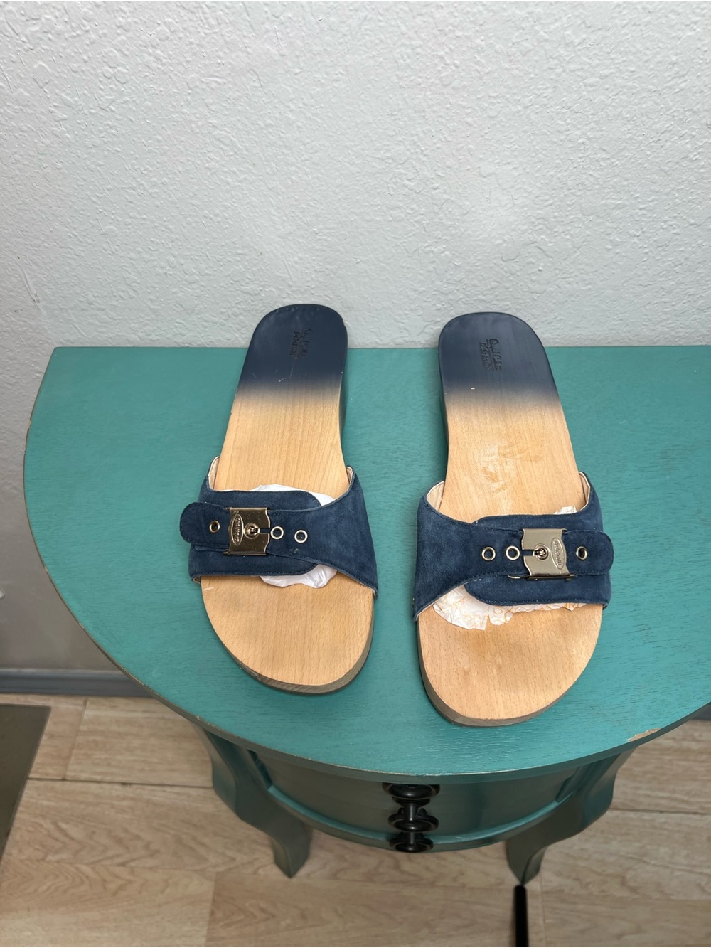 Dr Scholls Navy Suede Wooden Slide Ssndals - Picture 5 of 12